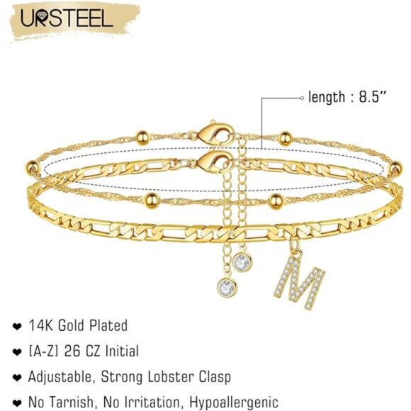 Ankle Bracelets for Women,14K GoldPlated Dainty Layered Chain CZ Initial Anklets - Picture 2 of 7